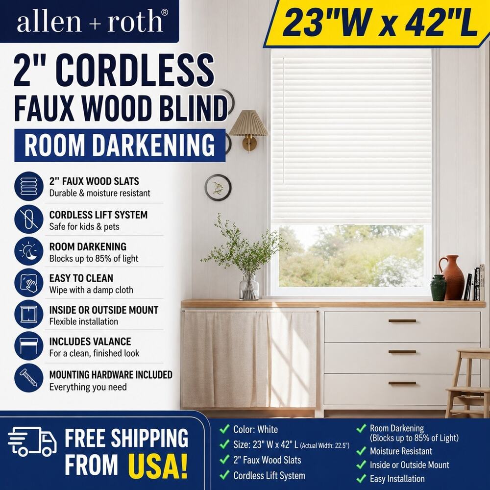23"W x 42"L Cordless Faux Wood Blind White Room Darkening 2" Slats Allen + Roth